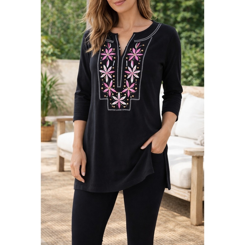 Island Clothing Company Tunic Top L Black Embroidered Beaded Boho Floral 3/4 Sle